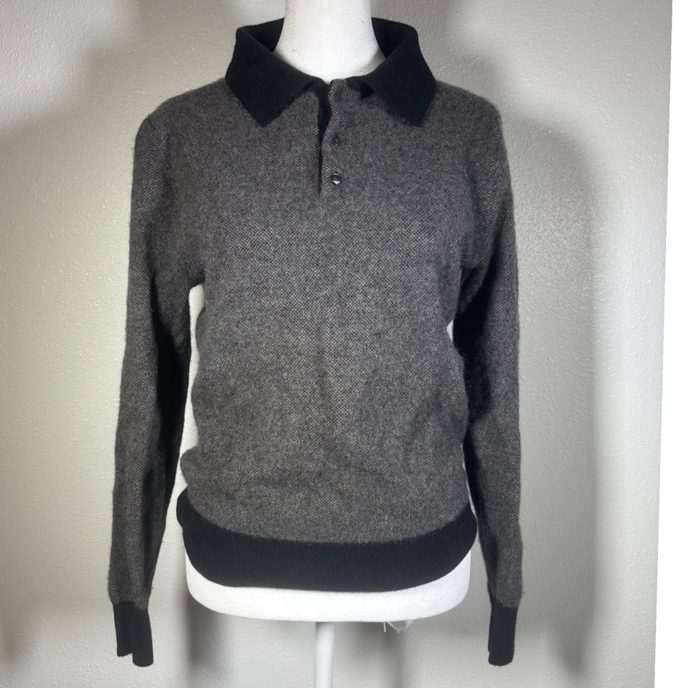 100% Cashmere J.Crew Houndsooth Luxury Long Sleeve Polo Sweater Grey Black S